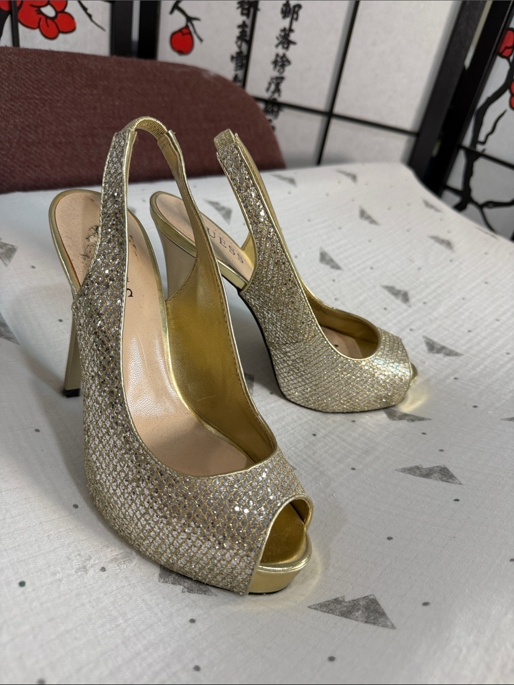 Guess Gold Crystal Slingback Peep-Toe Heels - Picture 2 of 8